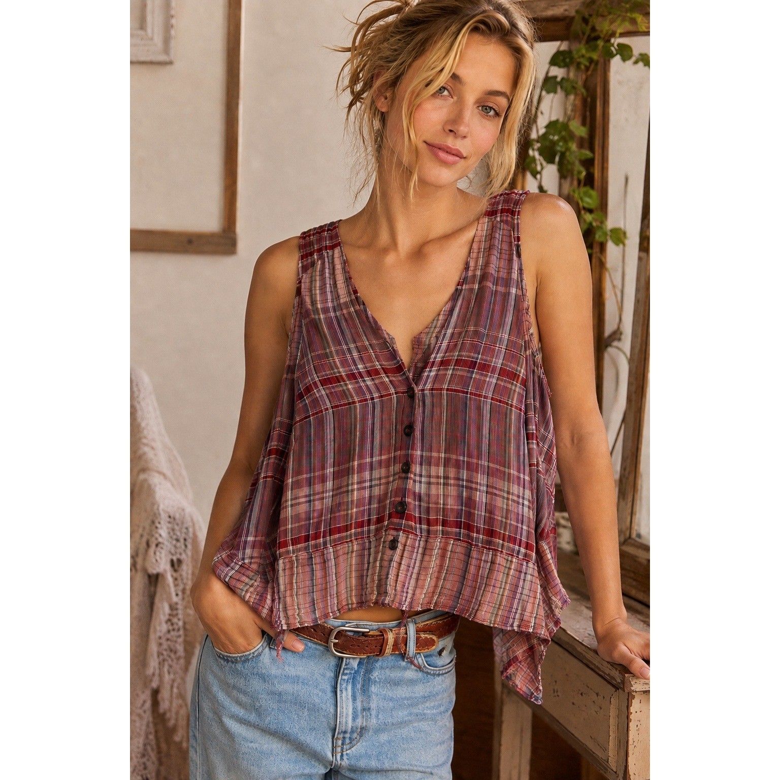 Pilcro Top Womens Large Pink Red Plaid Asymmetrical Hem Sleeveless Blouse Boho