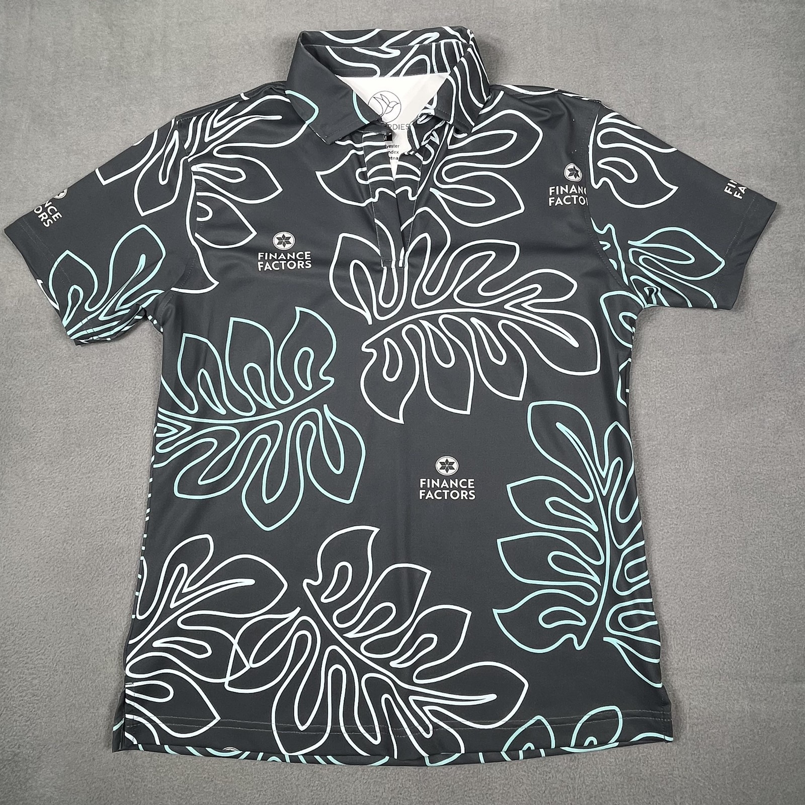 Five Birdies Polo Shirt Womens Medium Black Leaf Print Finance Factors Golf