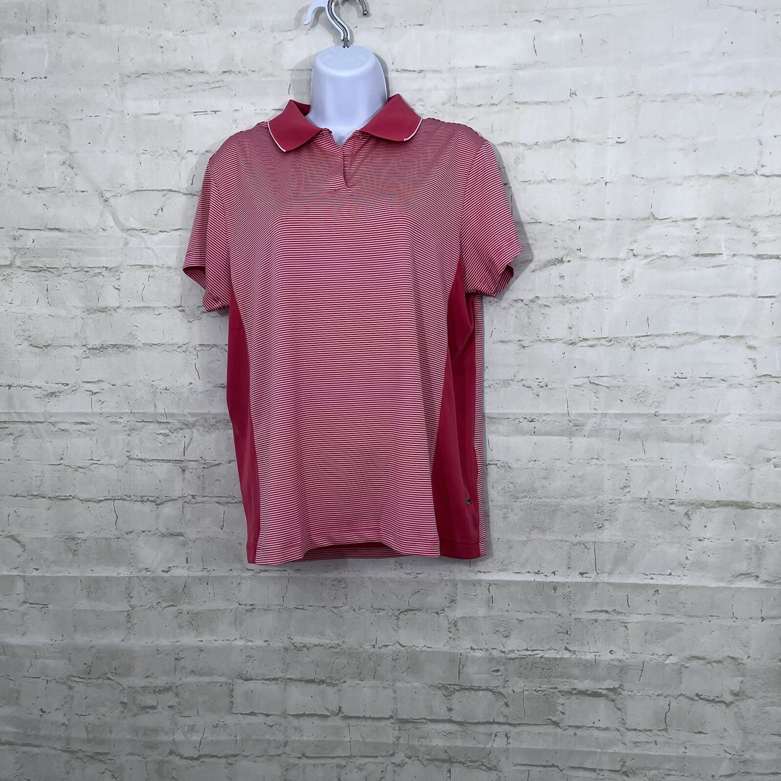 Adidas Polo Womens Large Orange White Striped Clima Cool Short Sleeve Athletic