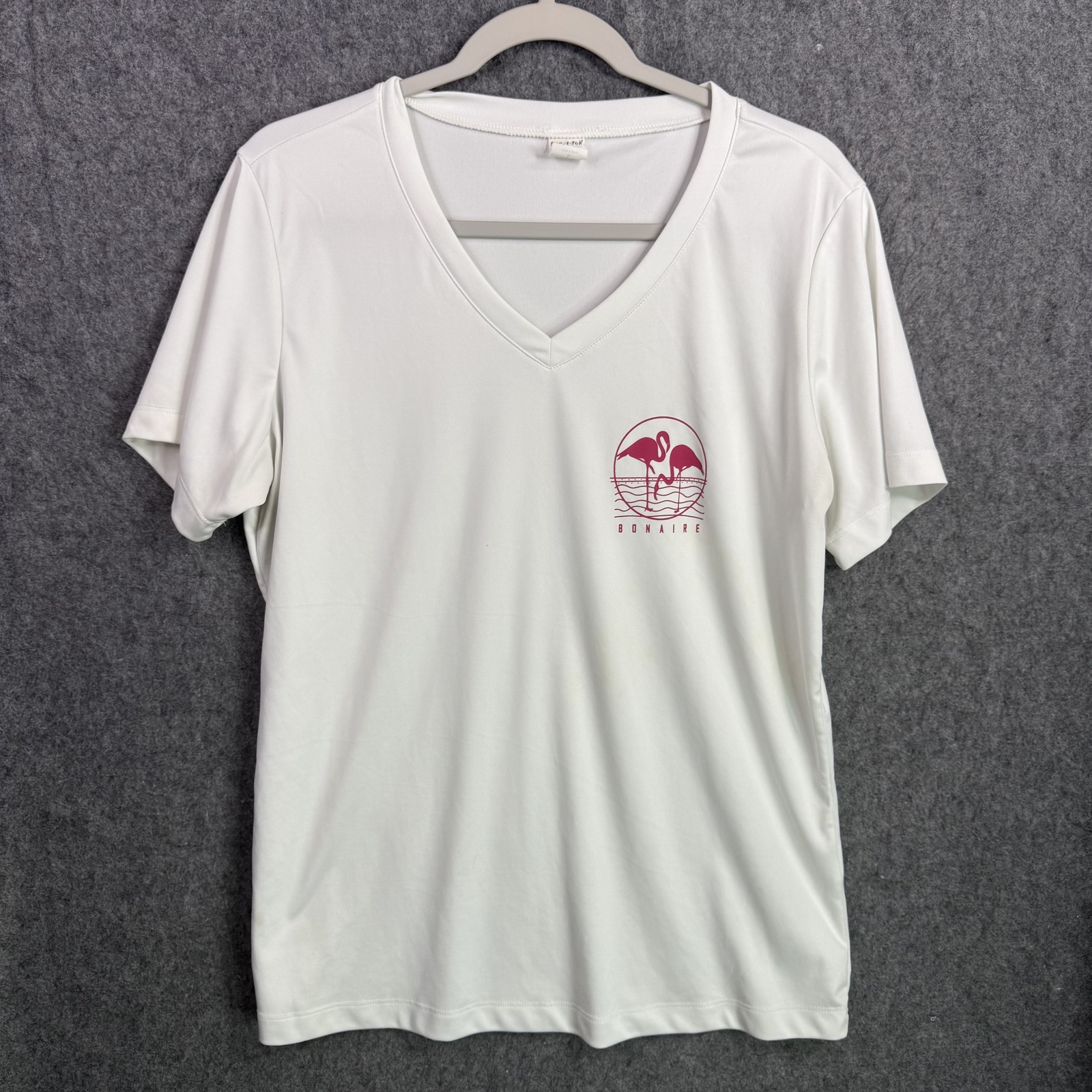 Sport-Tek Women’s Size L White Flamingo Bonaire V-Neck Activewear T-Shirt Top
