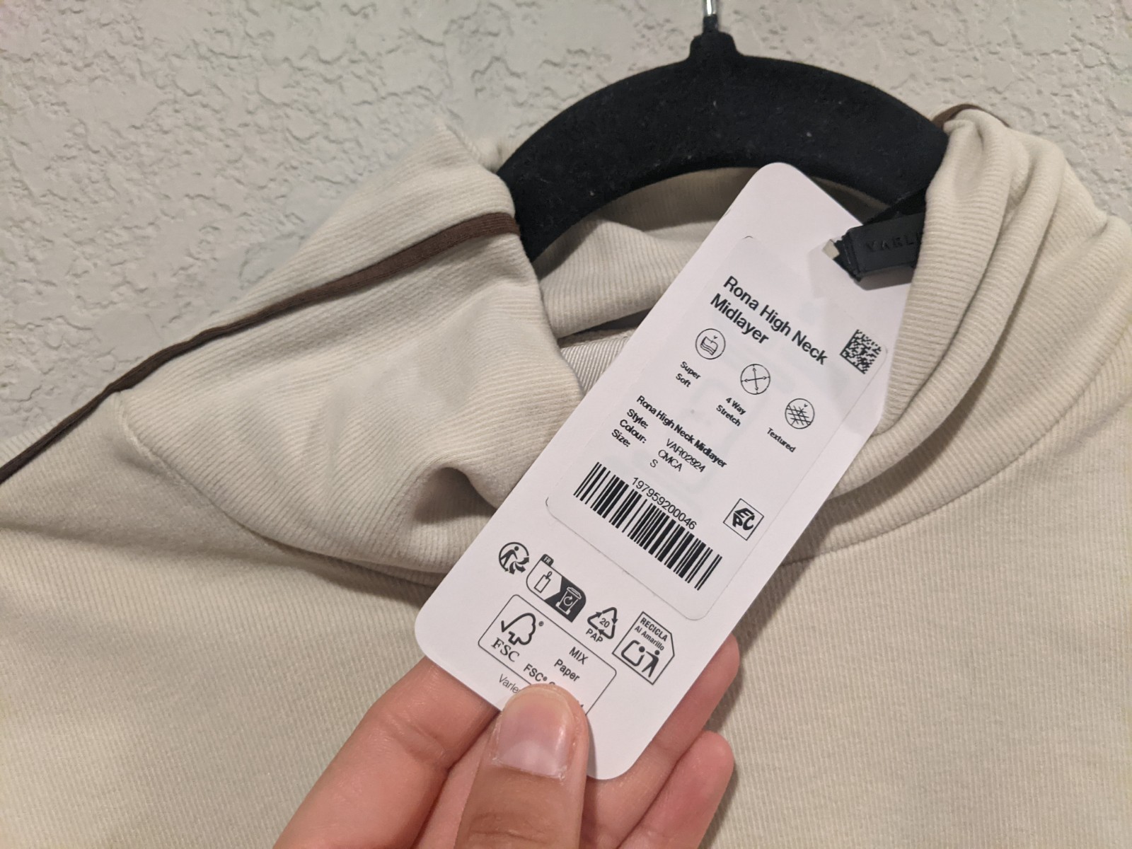 Varley Rona High Neck Midlayer Pullover Long Sleeve Cotton Beige Small NWT
