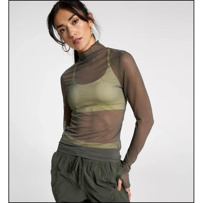 CALIA Ivy Green Draped Funnel Long Sleeve Sheer Mesh Top Small WAX27 NWT