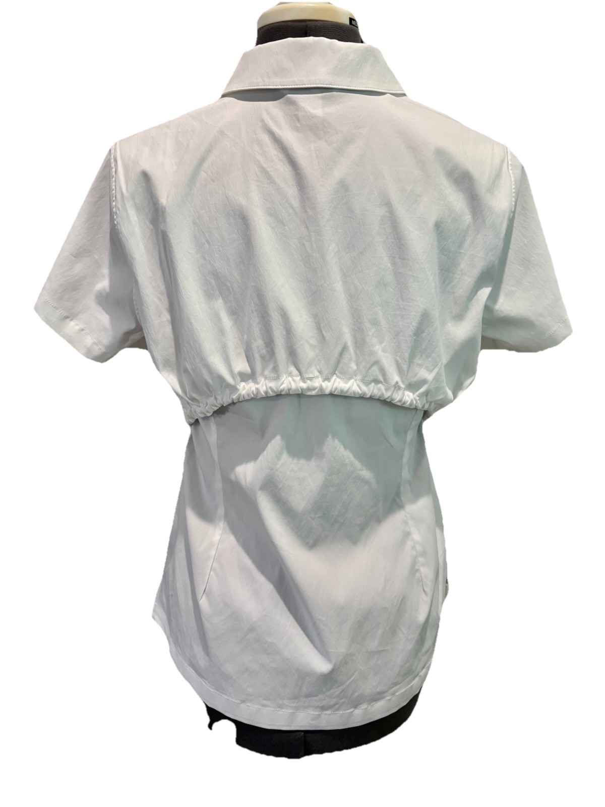 ATHLETA Advantage Cinch Tee M Damask White Zip Short Sleeve Poplin Athleisure