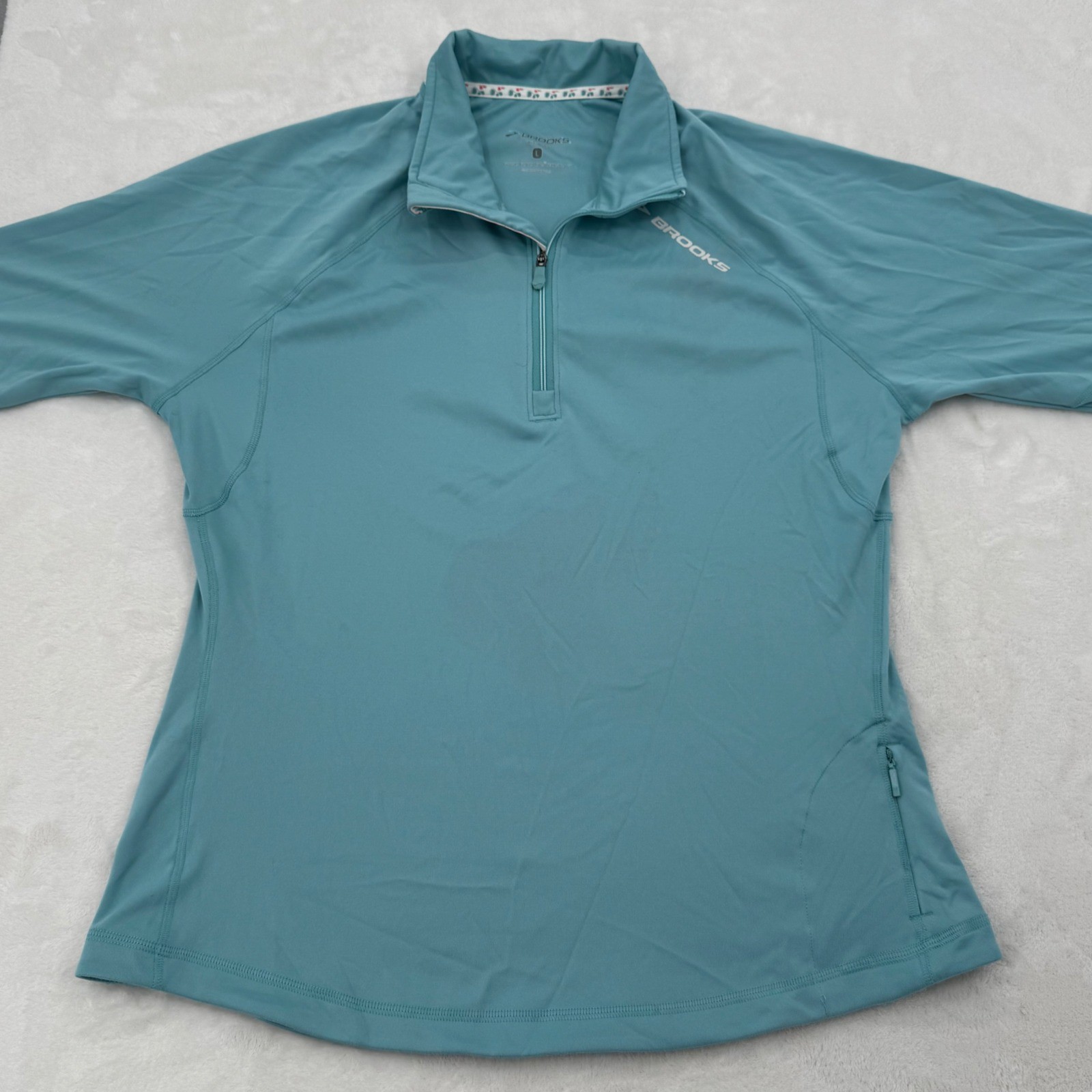 Brooks Womens Quarter Zip Athletic Running Top, Teal Blue Long Sleeve, Sz Large
