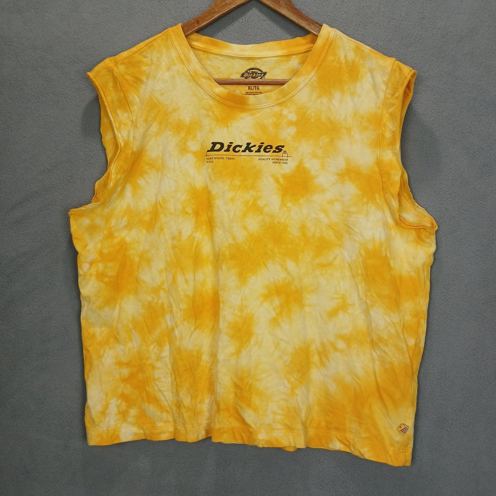Dickies Muscle Tank Top Women XL Yellow Tye Dye Cotton Athletic Workwear Running