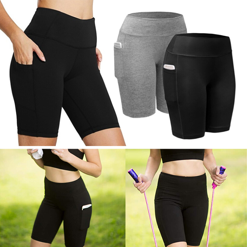 Women Activewear Workout Bike Yoga Shorts Stretch Mid Thigh Leggings with Pocket