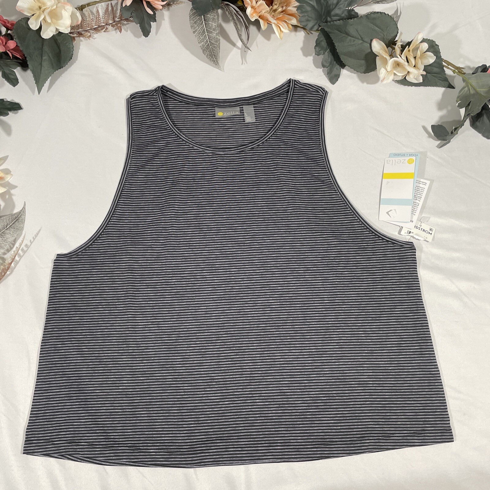 NWT $35 Zella [ Large ] Work For It Stripe Tank Top In Black/Grey #U443B