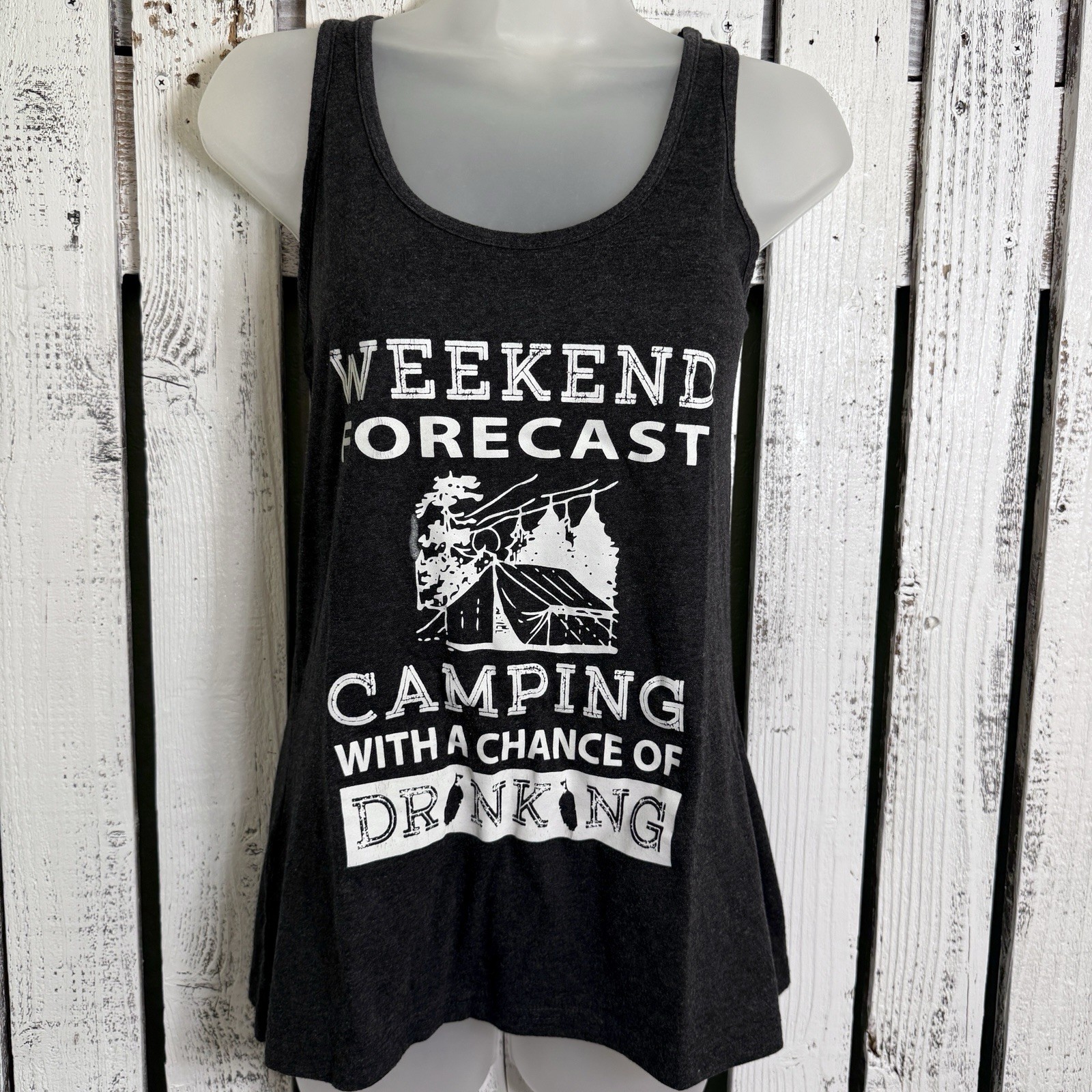 “ Camping With A Chance Of Drinking” Fitted Tank Top Women’s Size Large Black