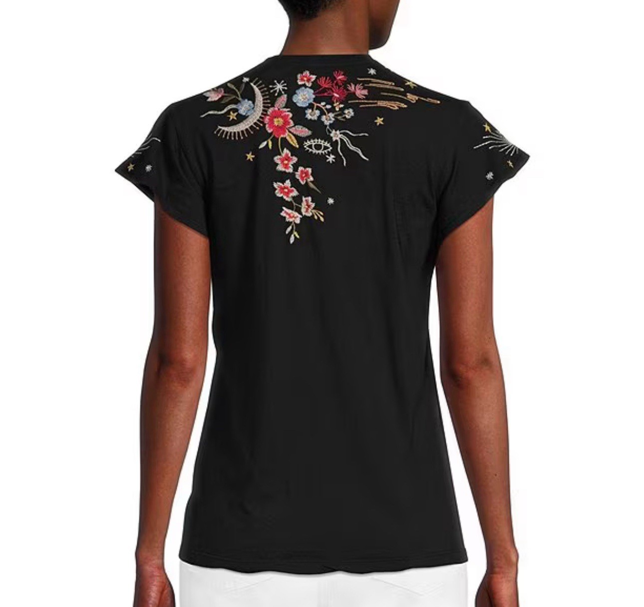 Johnny Was Lissa FLUTTER SLEEVE TEE TOP Blouse BLACK Shirt Embroidery Size PM
