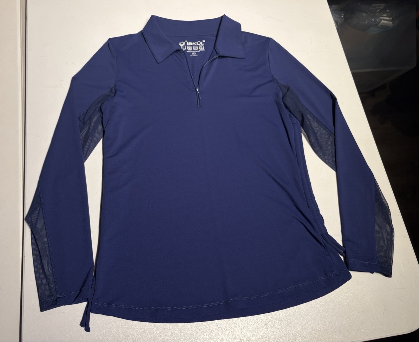 IBKUL Shirt Women’s Medium Blue Ruched ICIKULS Mesh Trim Icefil Golf Nylon Top