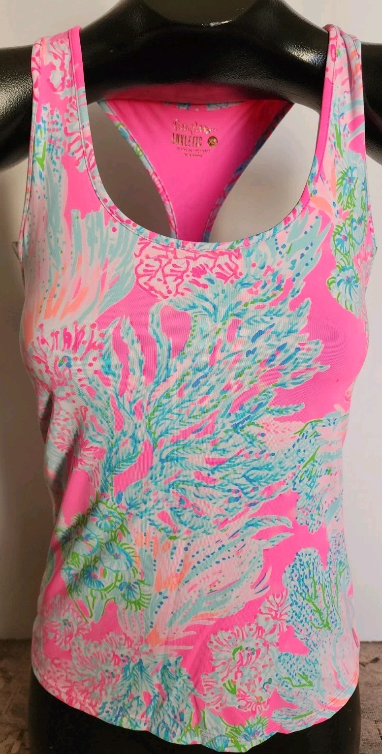 Lilly Pulitzer Luxletic Mina Bra Tank Top In Shell Me Print, Size XS