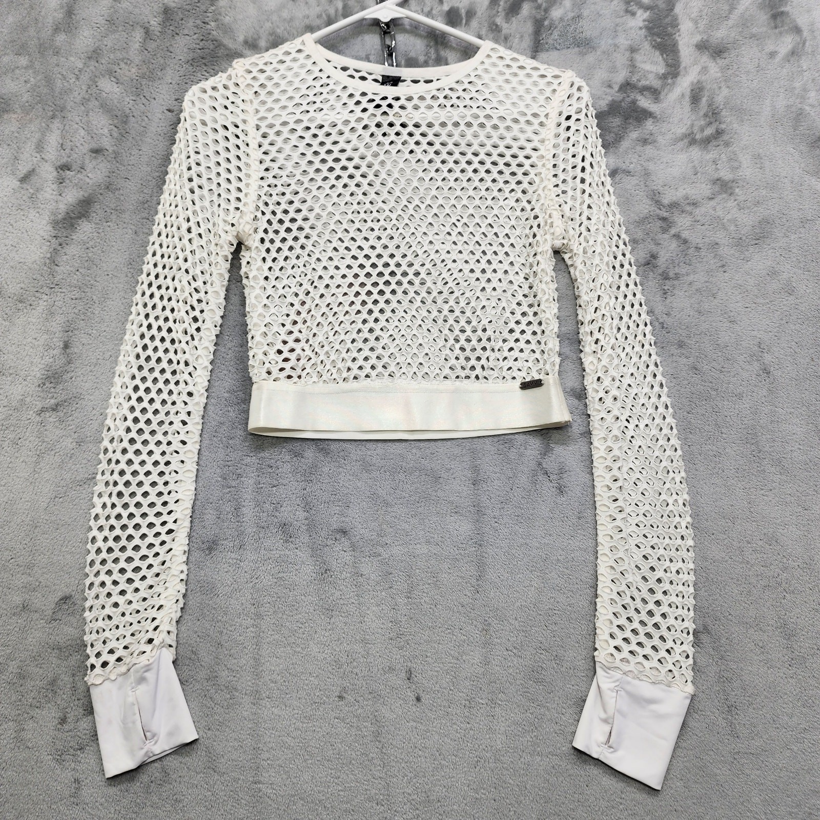 Savvi Top Womens S White Mesh Cutout Crop Long Sleeves Thumbholes Workout Gym