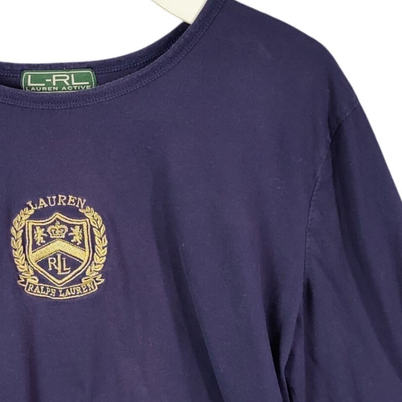 Ralph Lauren LRL Preppy Navy Blue Long Sleeve Crest Logo TShirt Womens Large