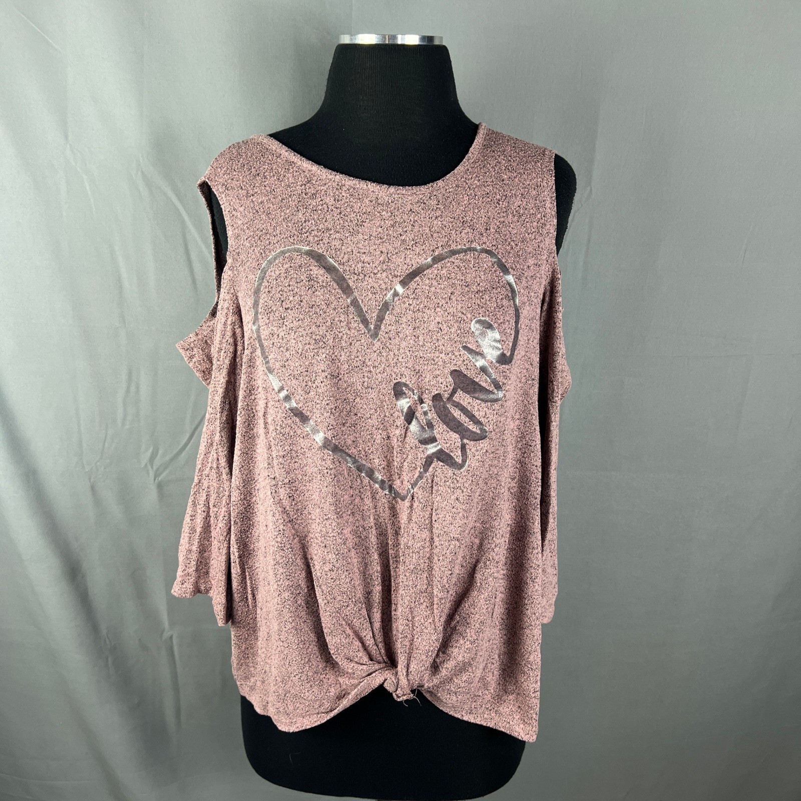 Ava James Blouse Top Womens XL Dusty Mauve Love Heart Graphic Cold Shoulder