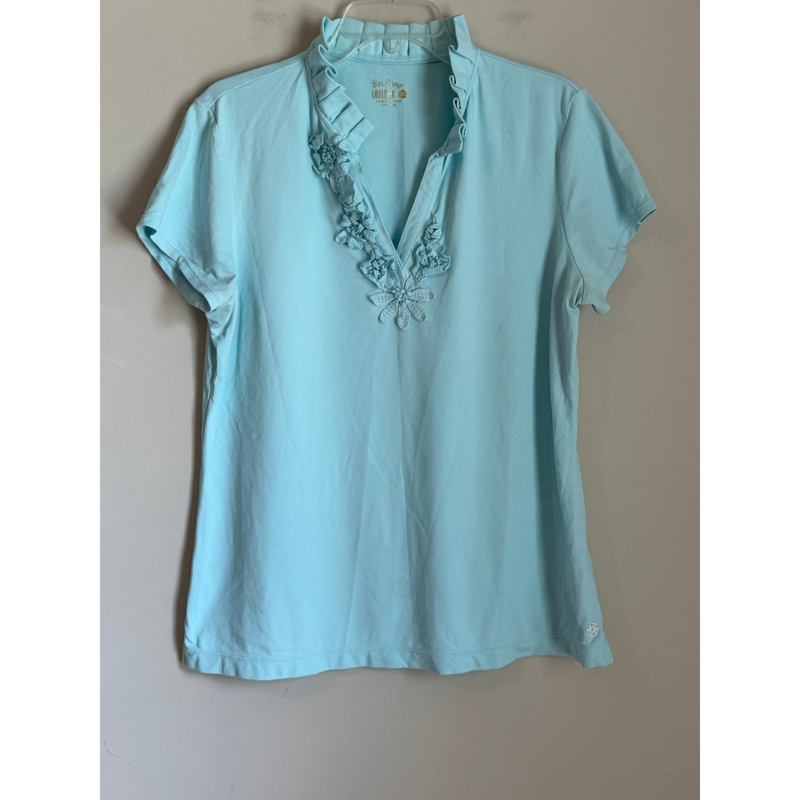 Lilly Pulitzer Luxletic Polo Top Women XL Blue Ruffle Floral Lace Polo Shirt