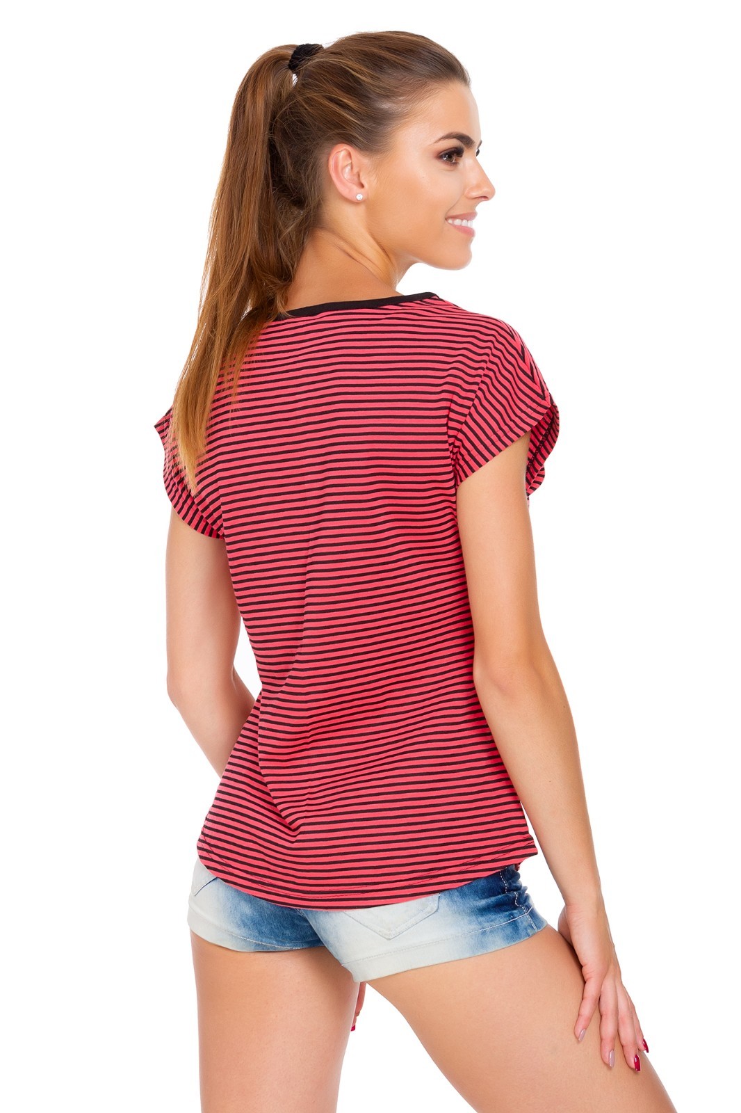 Ladies New Crew Neck T-Shirt Short Sleeves Tee Hip Length Striped Blouse FB335