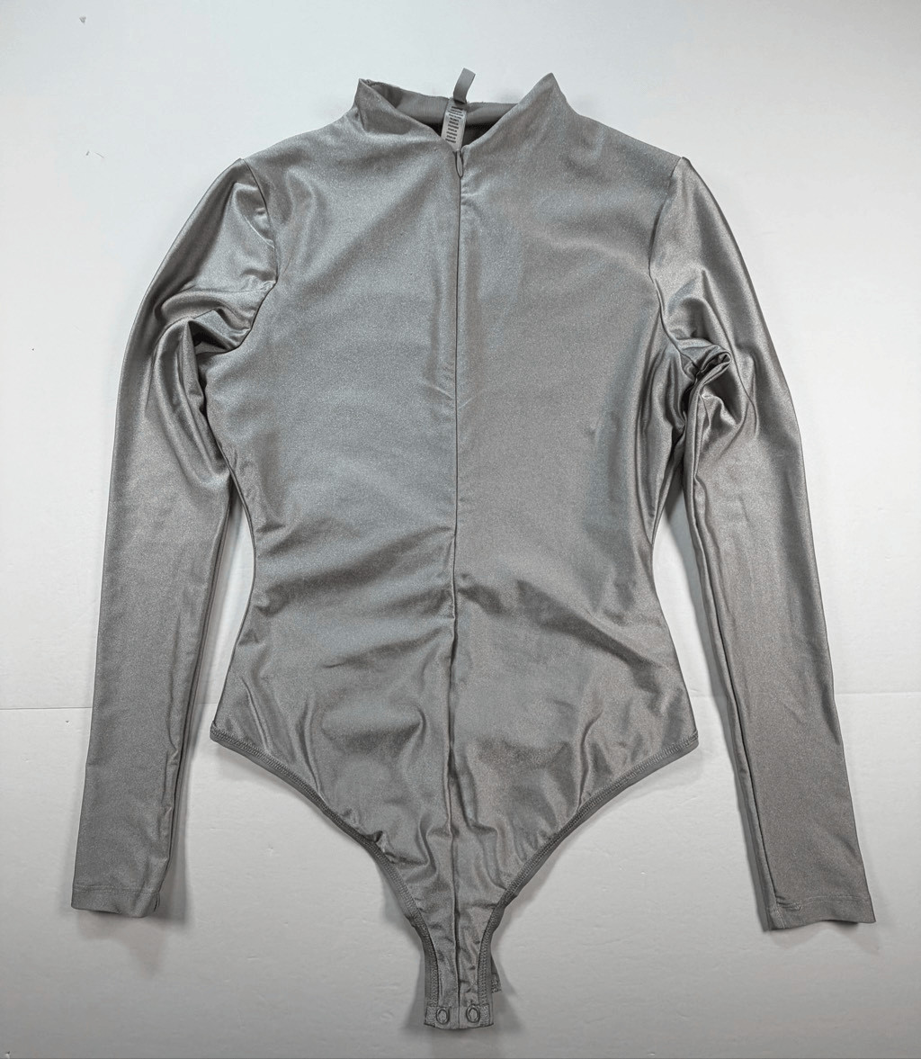 SKIMS Shine Zip Front Long Sleeve Bodysuit Gray Silver Metallic Size Large