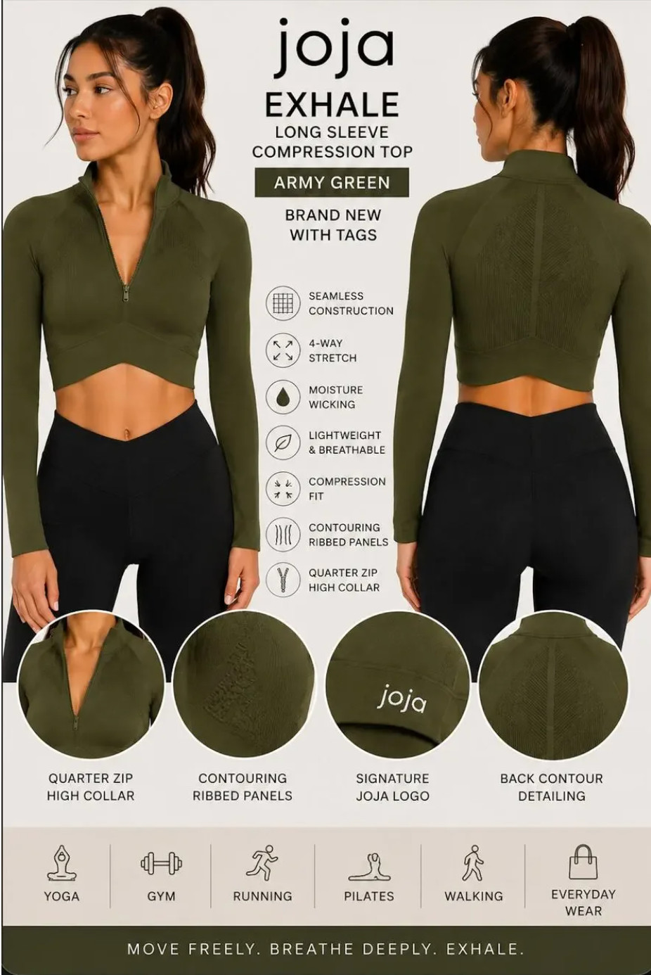 Joja Exhale Long Sleeve Half Zip Compression Midriff Crop Top Army Green NWT XS