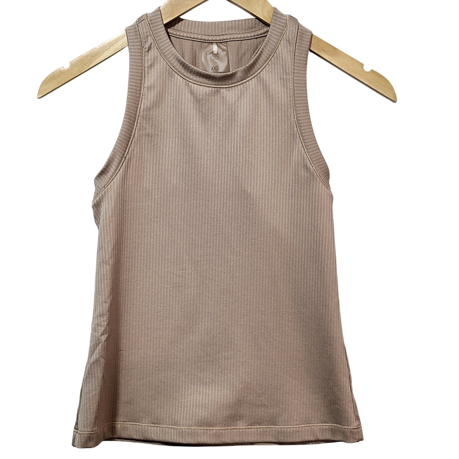 CALIA Womens Ribbed Racerback Tank Top Tan Beige High Neck WAX11233 Size XXS