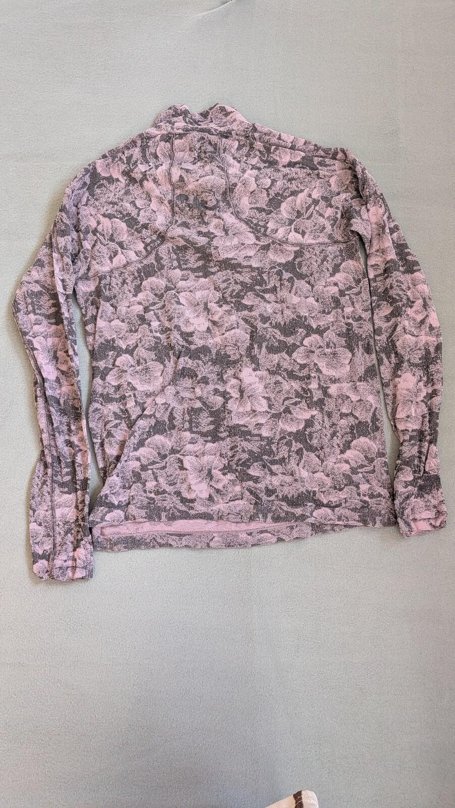 Athleta Pullover Top Womens M Pink Floral Mock Neck 1/4 Zip Thumbholes Knit