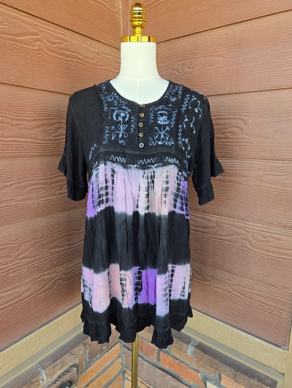 JAIN’S Made In India Boho Embroidered Tie-Dye Tunic Top Mini Dress Free Size