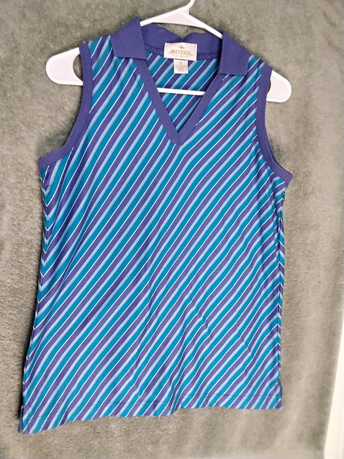 Antigua Womens Polo Shirt Size S Blue Purple Stripes Sleeveless Pullover Top