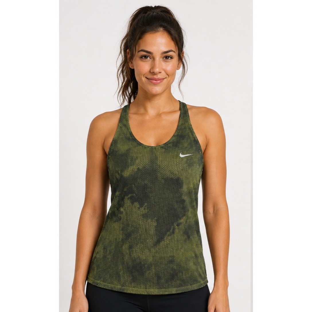 Nike Dri-FIT Women Racerback Tank Top Olive Green Tie Dye Camo Athletic Swoosh