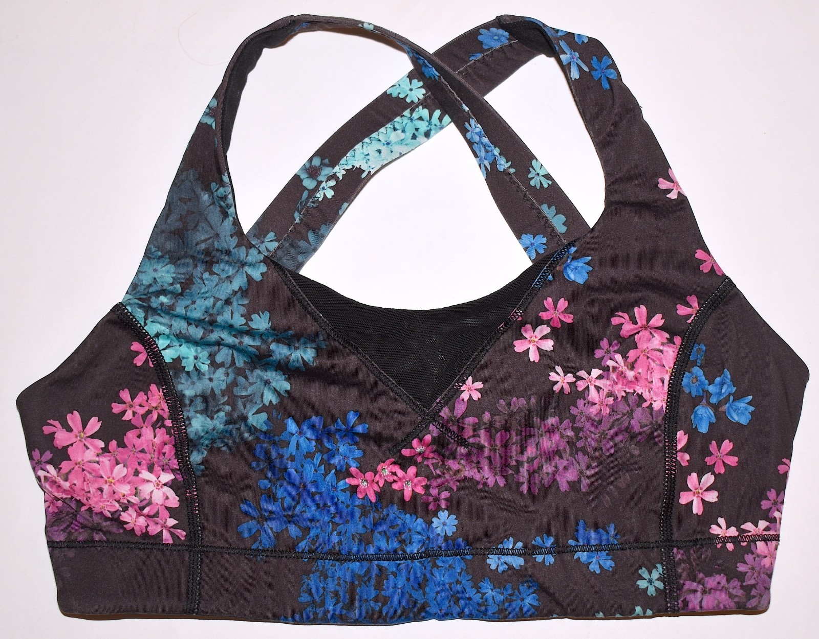 Lululemon Sports Bra Double Strap 8 Pink Blue Purple Floral Crop Top FreeS&H