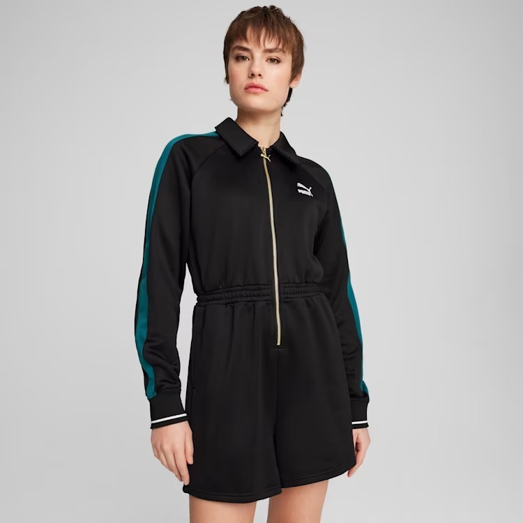 PUMA T7 Play Paris Collared Long Sleeve Romper Black Green Women’s XL 626811-01