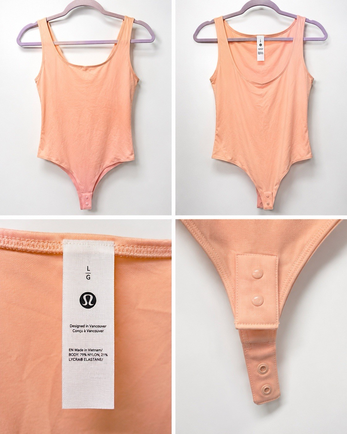 Lululemon Women’s Large Peach Sleeveless Scoop Neck Thong Bodysuit Stretch Gym