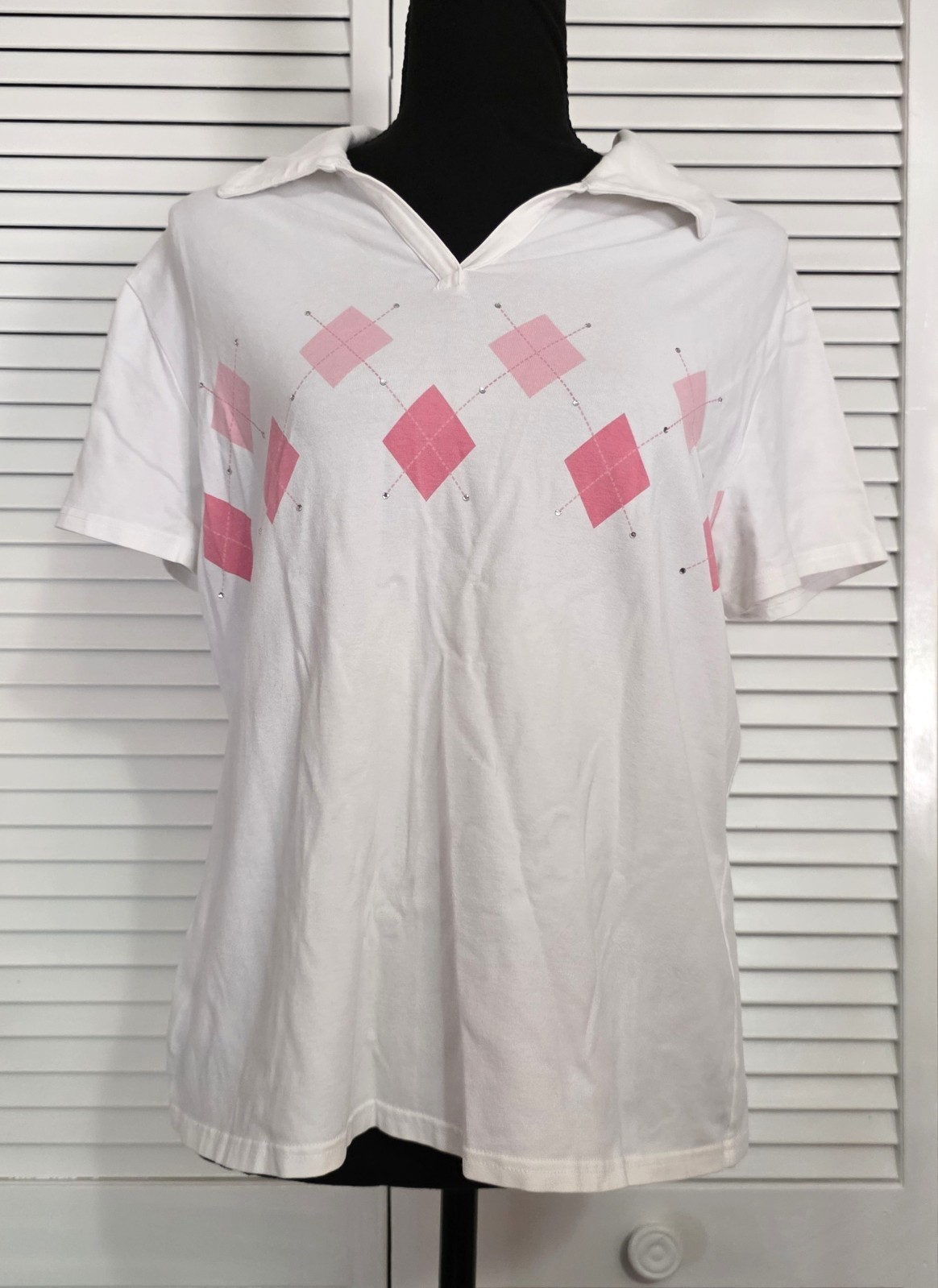 Women’s Talbots White with Pink Geometric Print Athletic Shirt Top Size XL T103