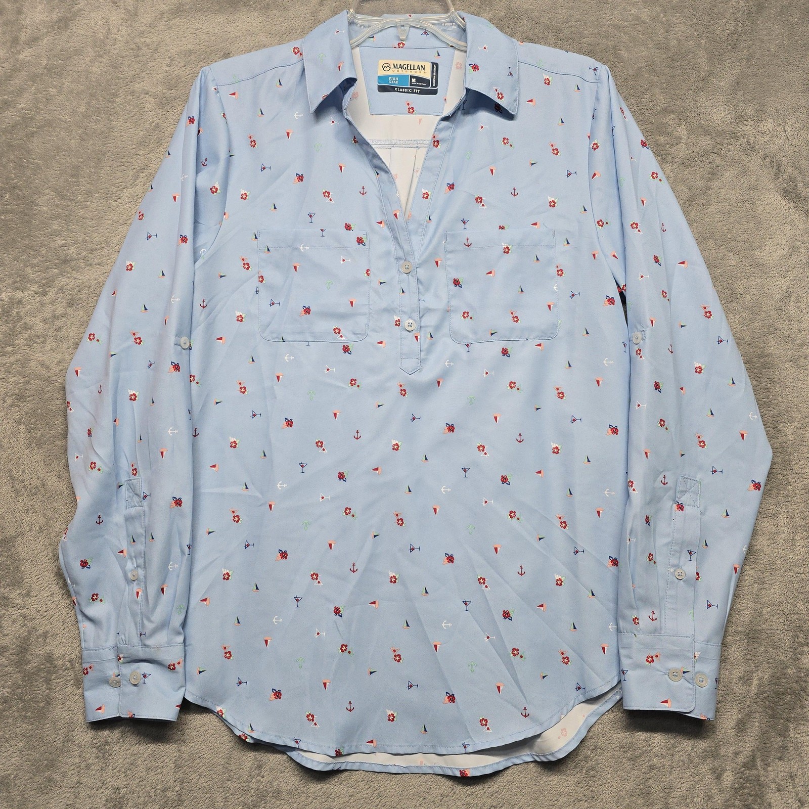 Magellan Outdoors Top Womens Size Medium Blue Aransas Pass Henley Fish Gear Boat