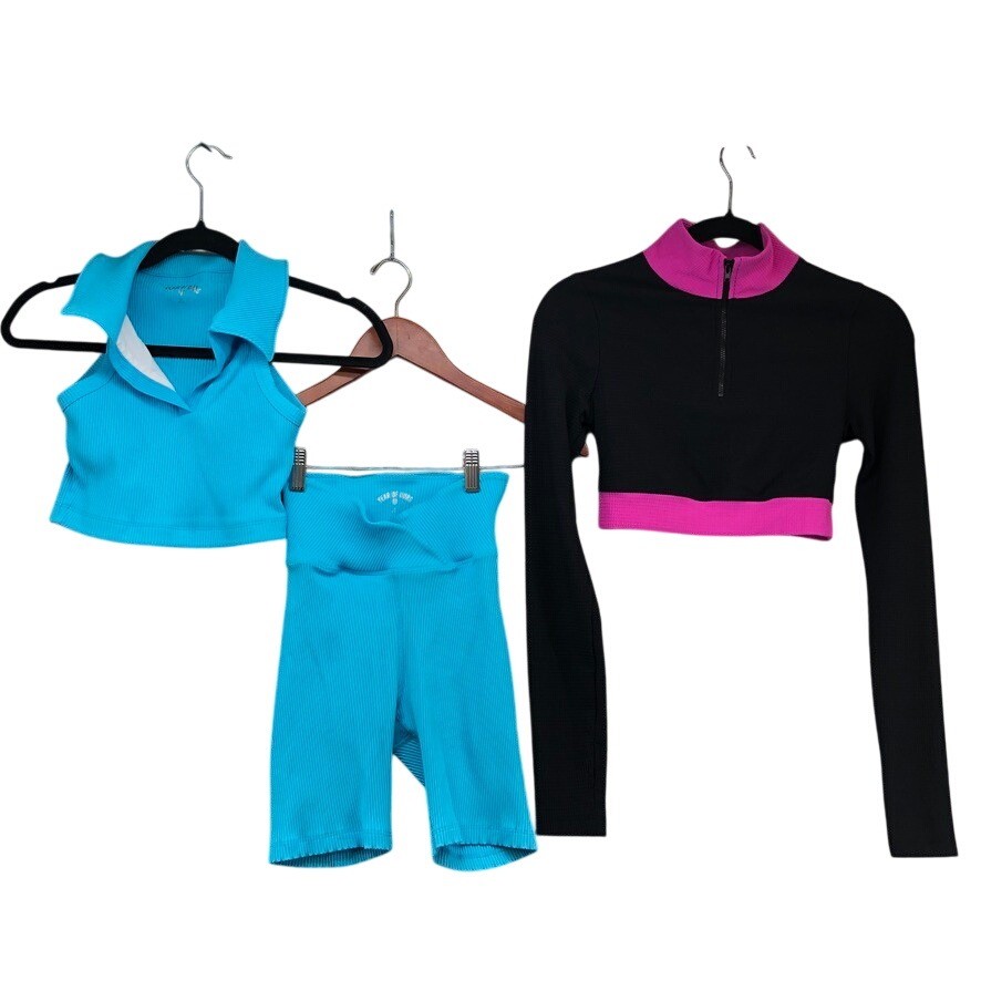 Year of Ours Activewear Set Womens Small Blue Black Pink Ribbed 3 Piece Workout