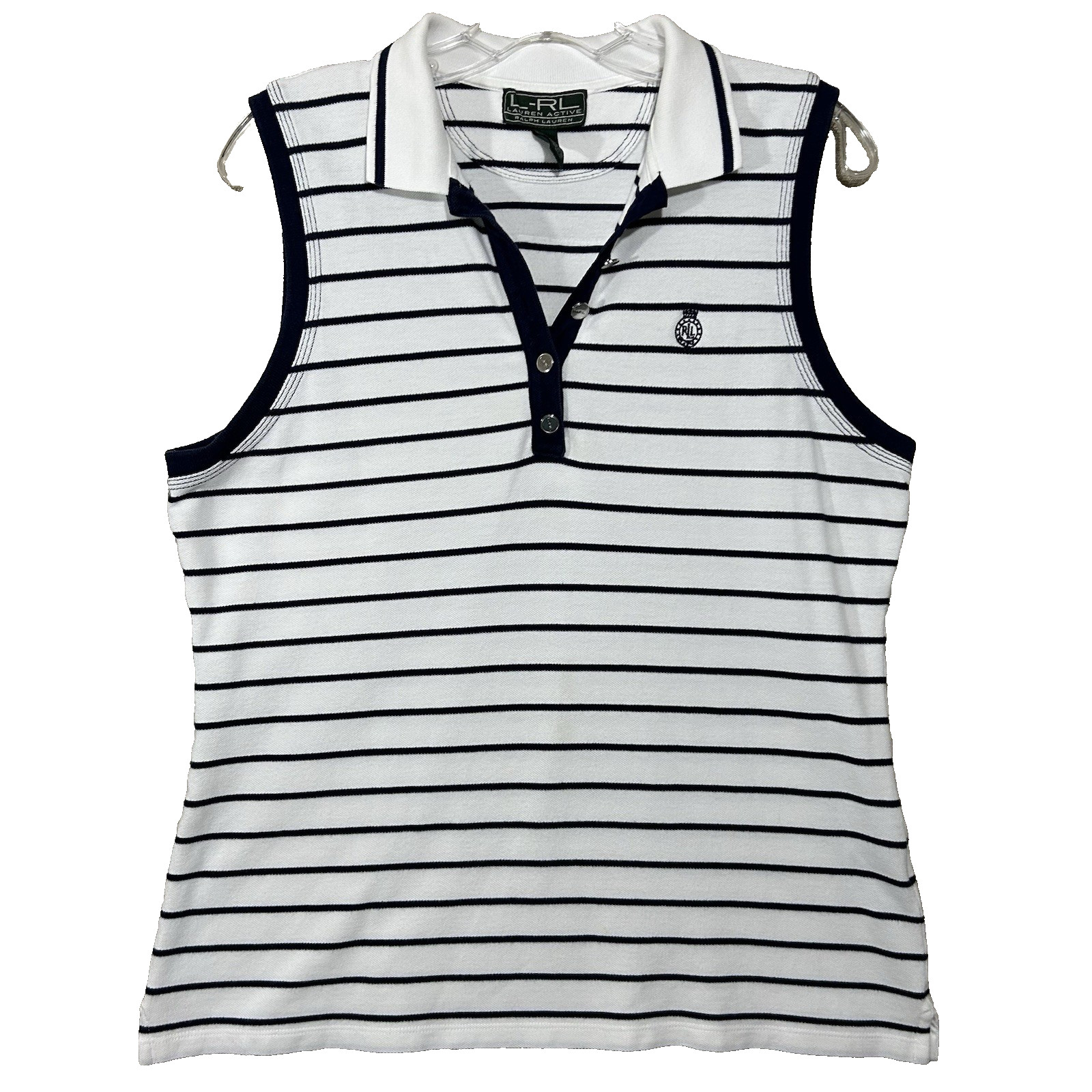 L-RL Lauren Active Polo Tank Top 1/4 Button Women L Blue White Stripe Cotton