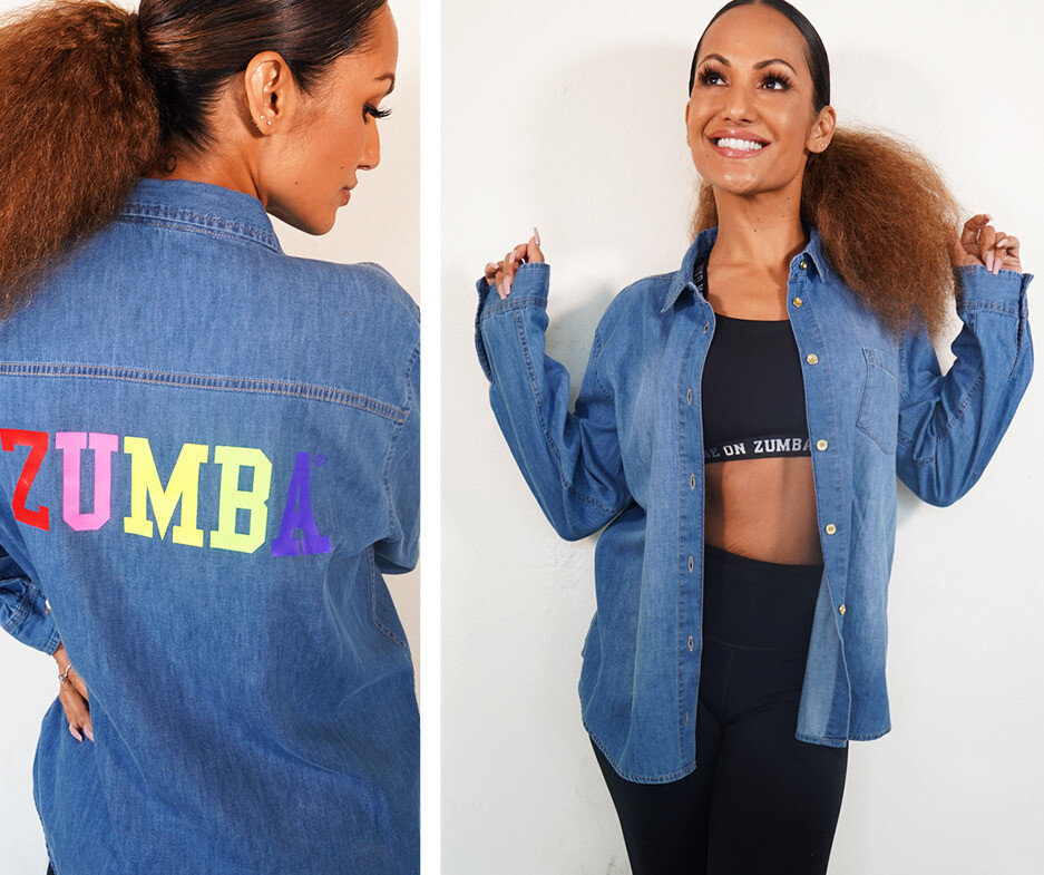 Zumba GAME ON Button Up Button Down Shirt – Denim – sz XS & Small ~ New!