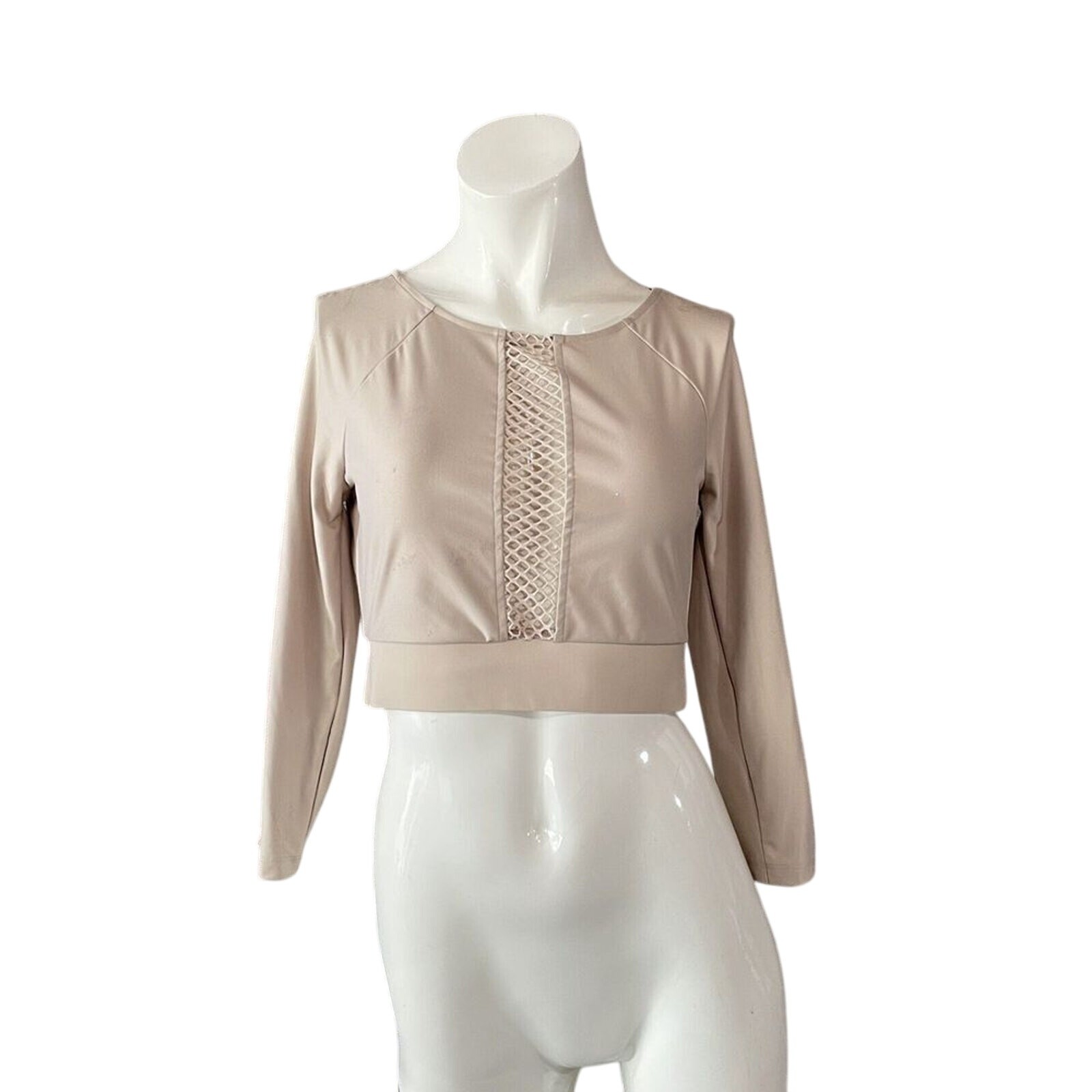 Victoria Secret Sport Crop Top Size XS Beige Mesh Polyamide Spandex Long Sleeve