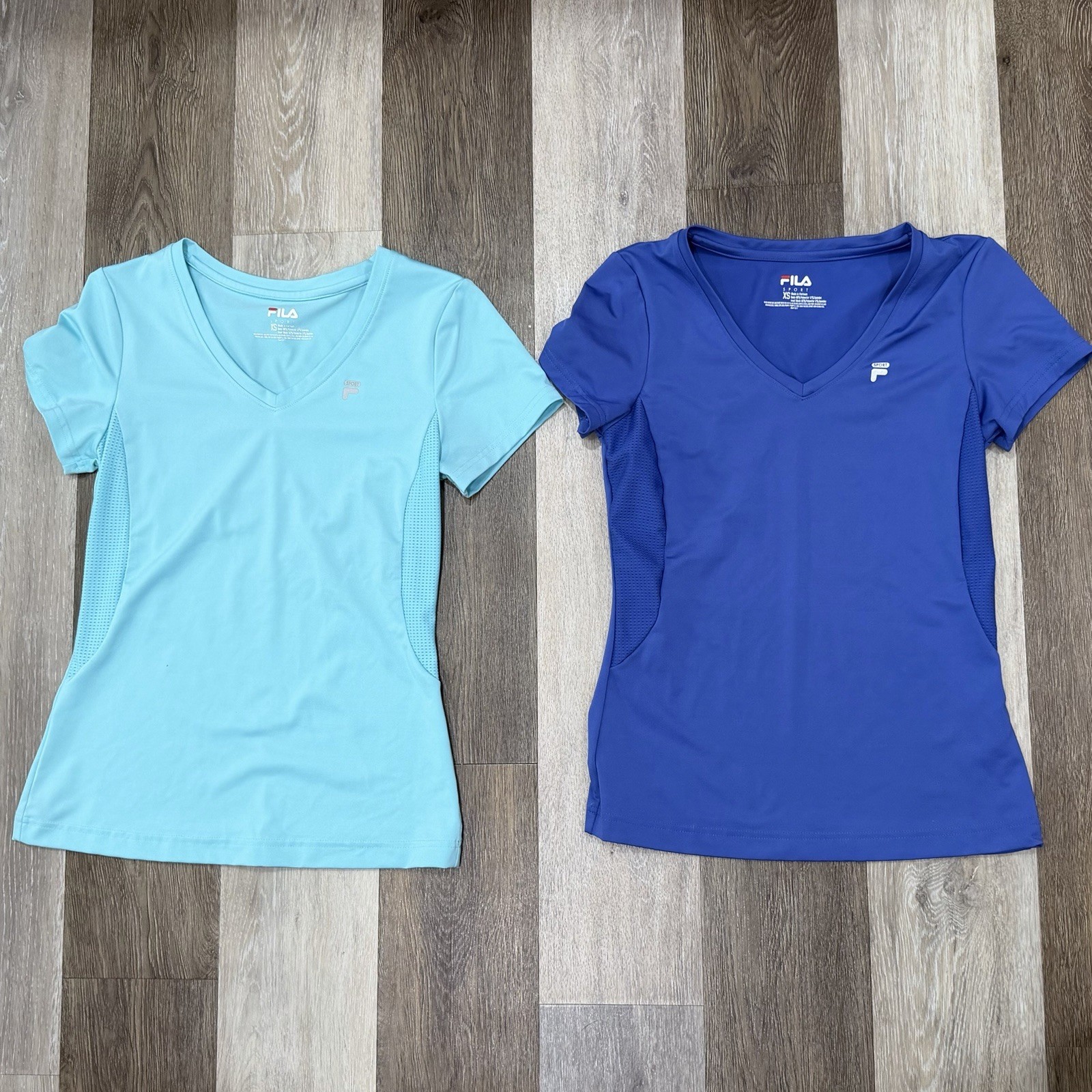 2 FILA Sport Athletic Tops Women Sz XS Blue & Teal V-Neck Running Workout EUC