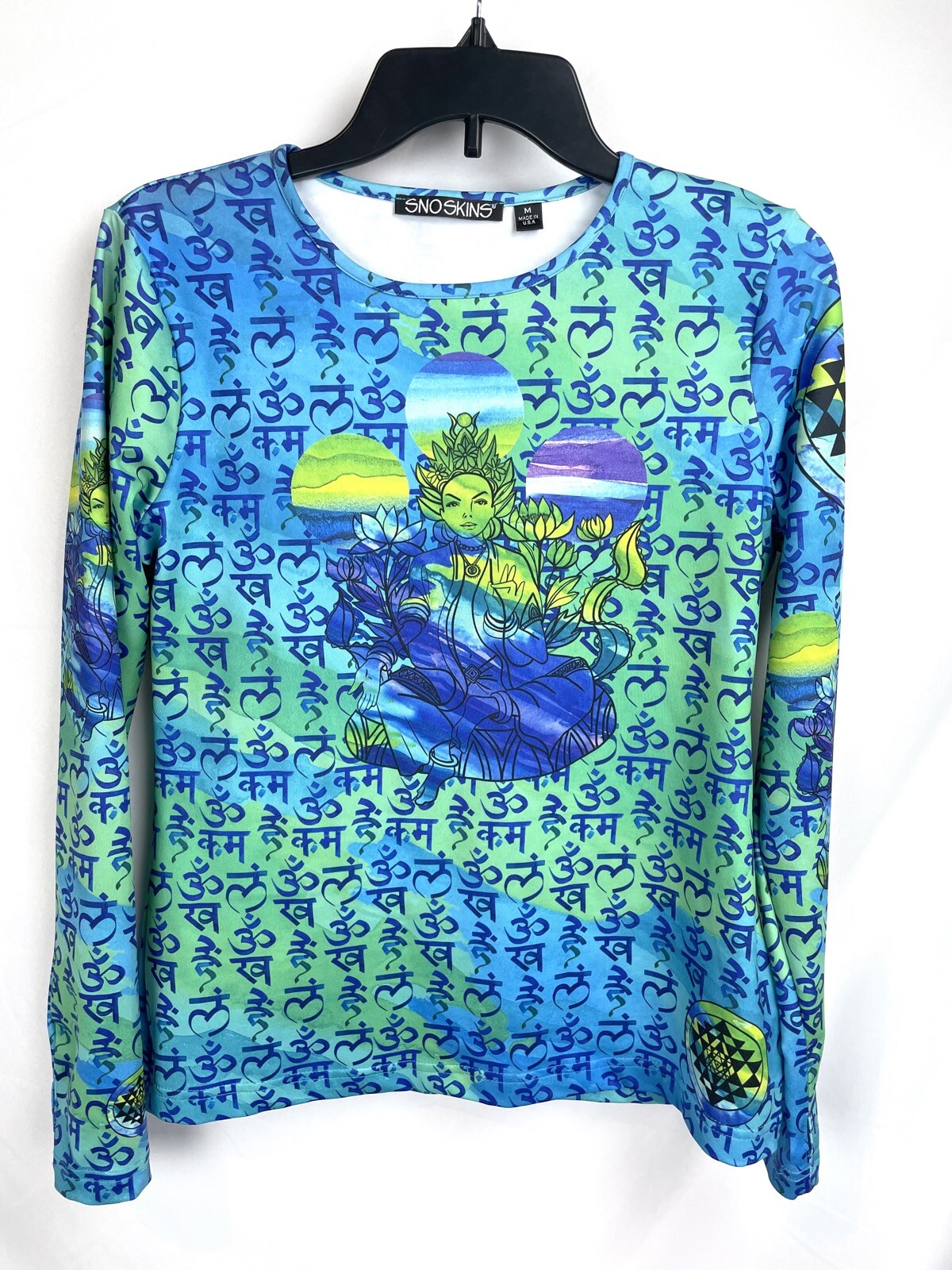 Sno Skins Women MEDIUM Base Layer Top Shirt Long Sleeves Thumbholes Green Blue