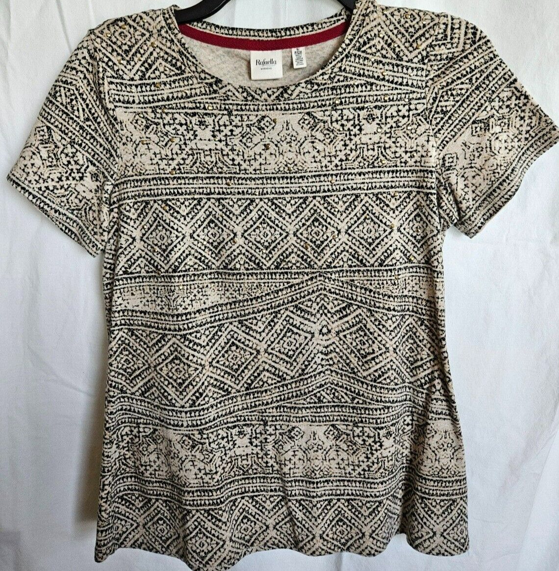 RAFAELLA WEEKEND WOMEN’S T-SHIRT SHORT SLEEVES SEQUINES TAN/BLACK SZ SMALL #4108