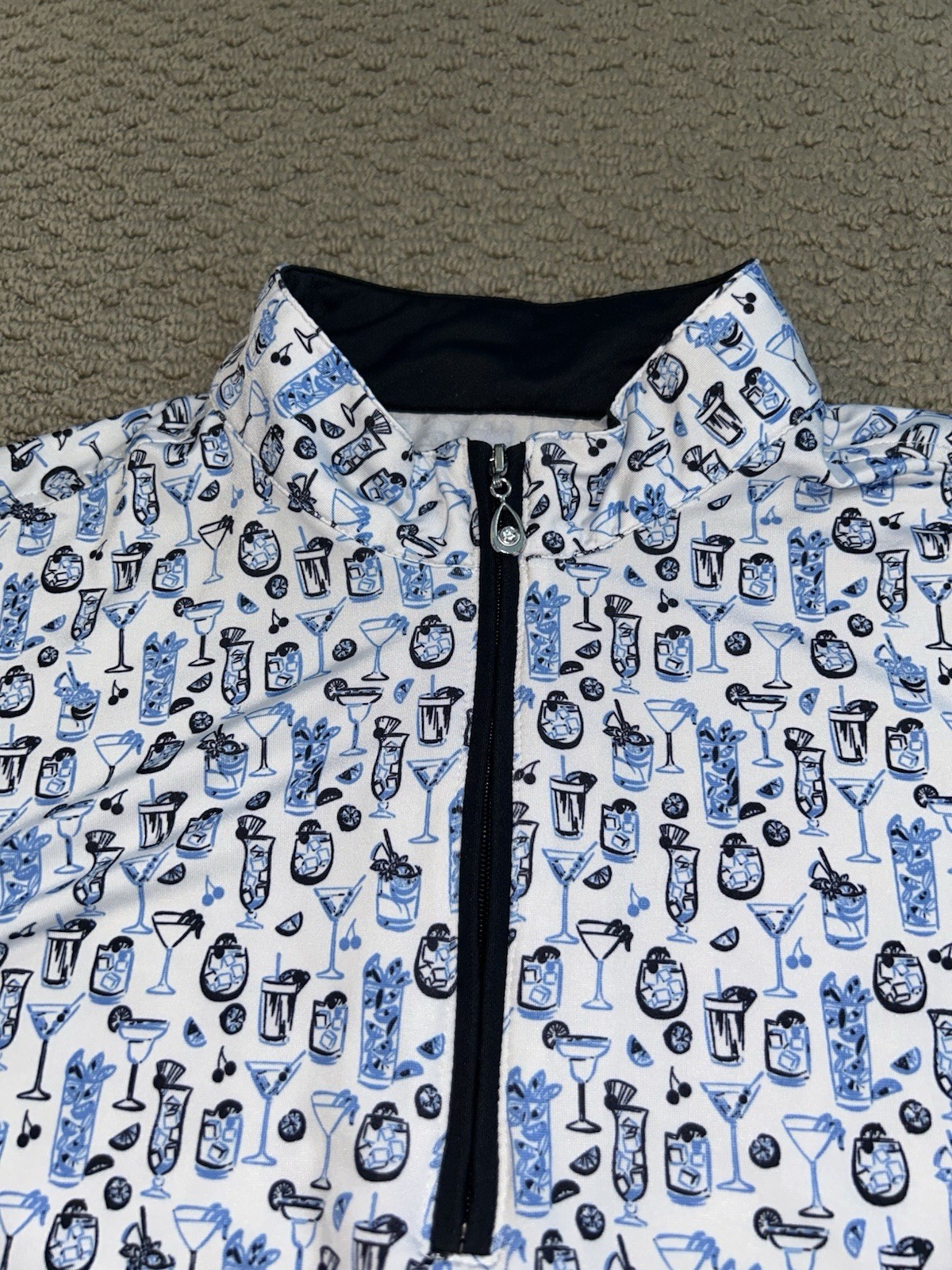 San Soleil SolCool 1/4 Zip Pullover Tiki Print Cocktails Blue Black Size Small