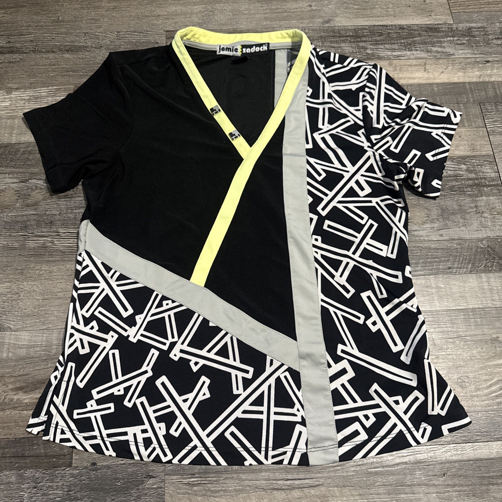 Jamie Sadock Sz S Multicolor Green Black Asymmetrical Collar Shirt W/snaps