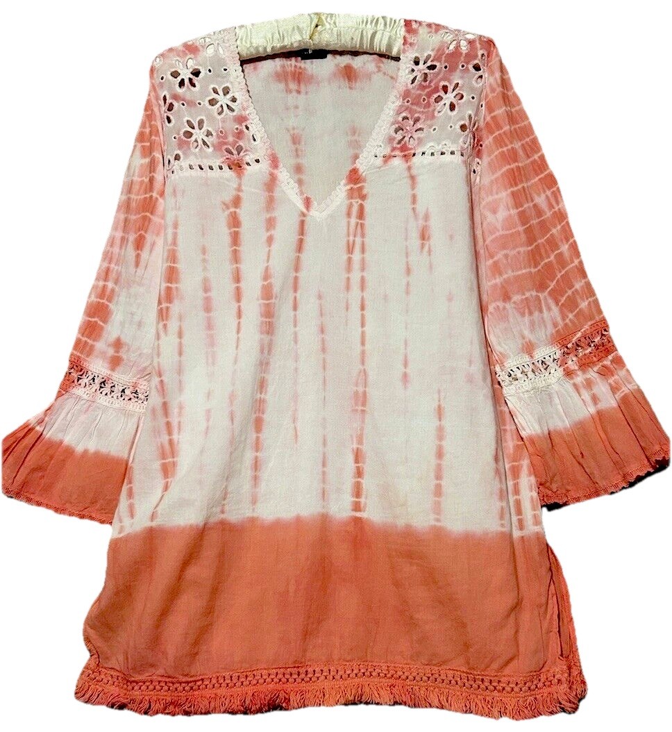 SR Fashion Top M Cute Tie Dye Cotton Eyelet Fringe Hem Tunic Shirt Blouse medium