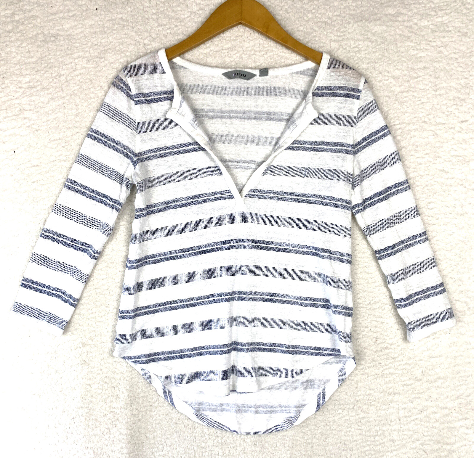 Athleta Top Womens XSmall Striped 100% Linen Zephyr Activewear Blue White casual