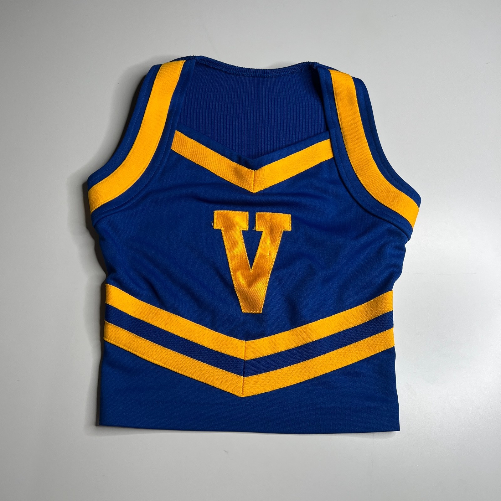 Bristol Cheerleaders Women’s Cheerleading Uniform Top Sz S Blue Gold “V” Made US
