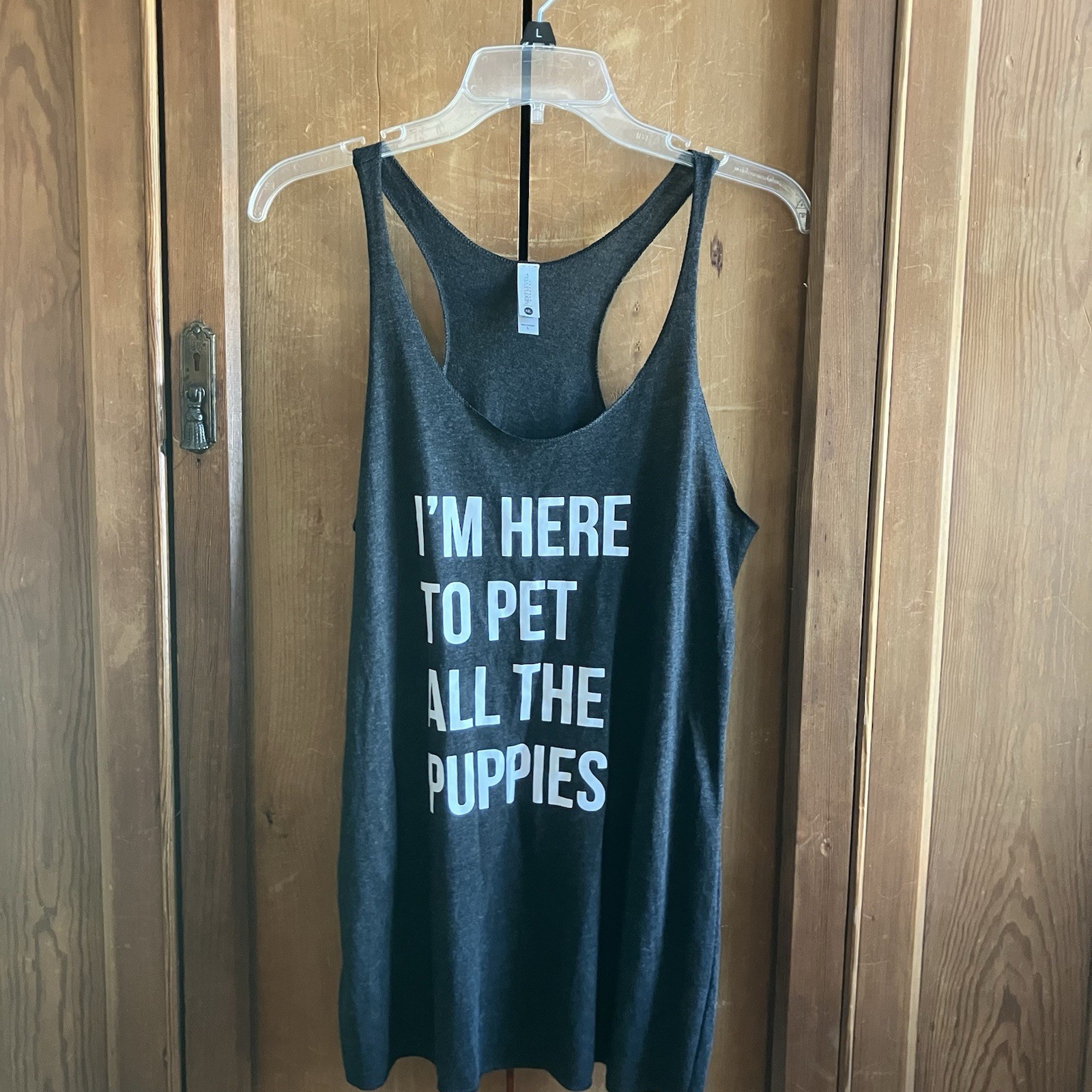 Women’s Black Racerback Tank Top L Scoop Neck Lightweight “Pet All the Puppies”