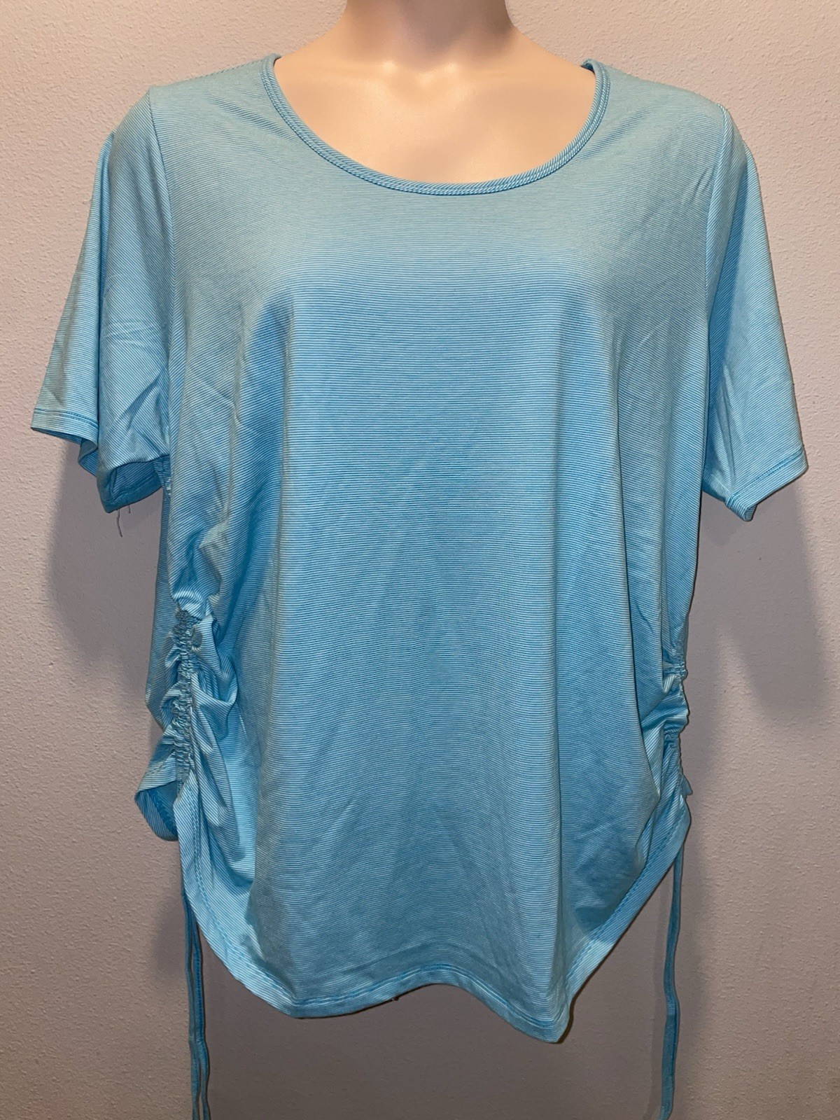 LANDS END 2X Elbow Sleeve Drawstring Top Active Power Performance Blue Pinstripe