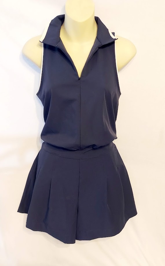 Women Navy Blue Sleeveless Knit Pleated Romper – Pockets – All In Motion XS/SM
