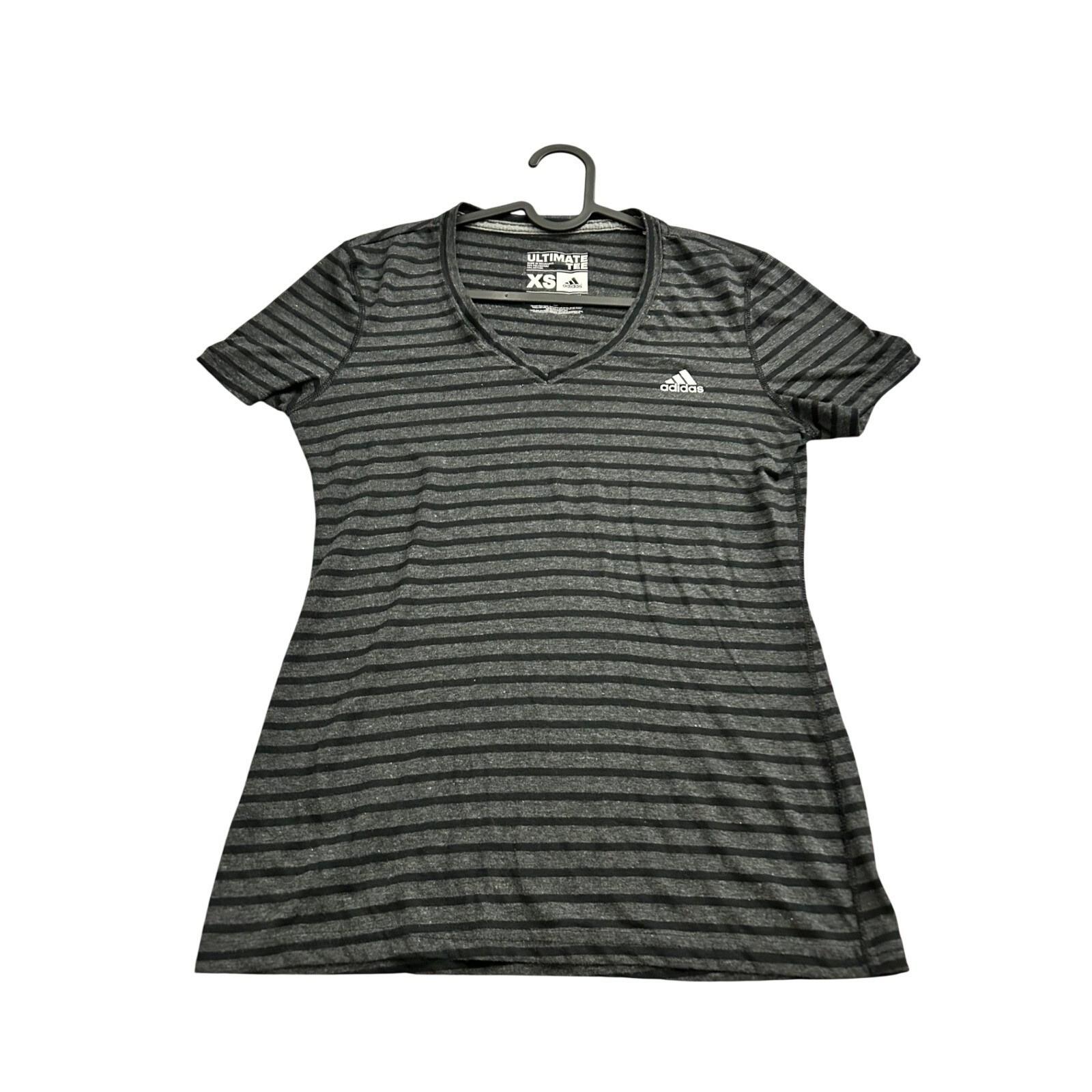 Adidas Ultimate Tee Womens XS Grey Black Striped V-Neck Short Sleeve Excellent