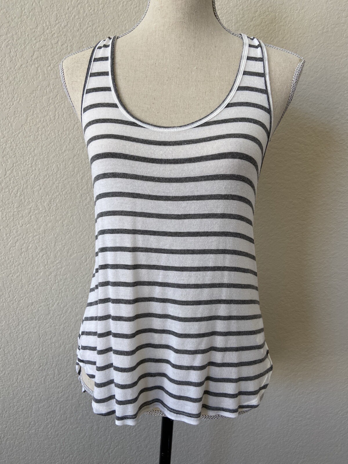 Medium Koral Racerback Tank Top White with Grey Stripes Athleisure