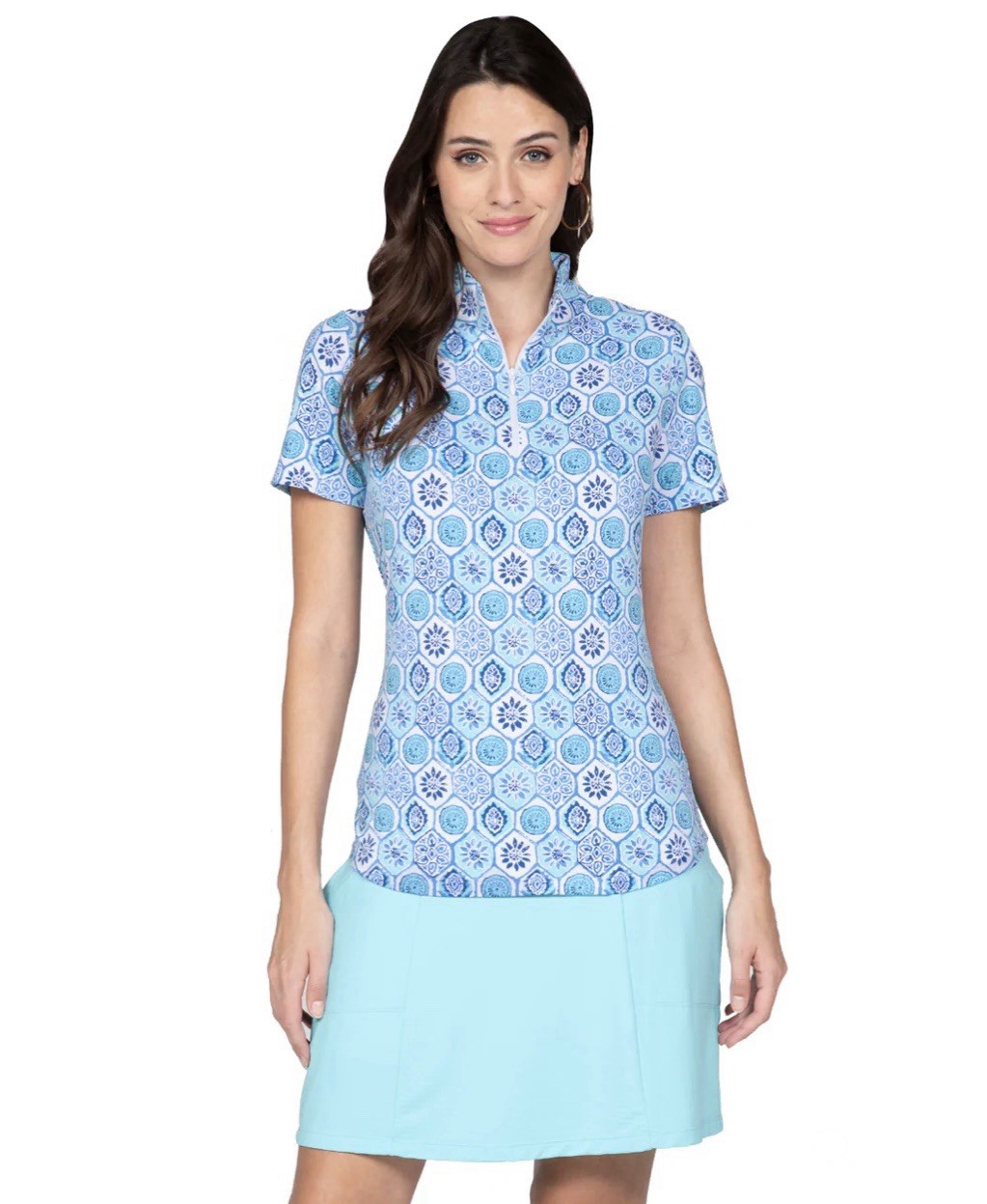 IBKUL Terra Print Short Sleeve Zip Mock Neck Top Seafoam/Blue Multi Sz S UPF 50